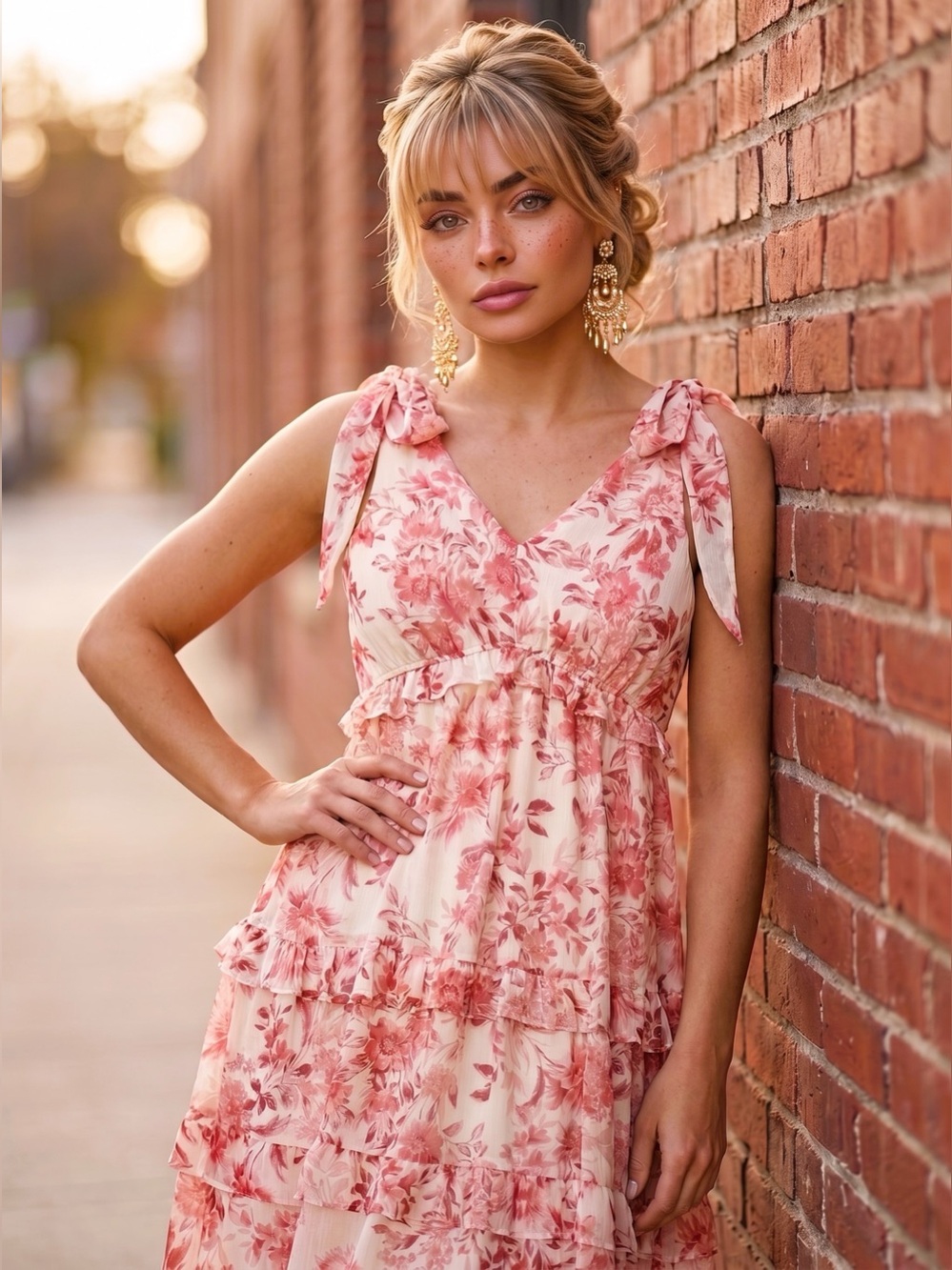 Alexa B Women’s Boho Maxi Dress Cream Floral Pink Print Ruffle V-Neck Size 6